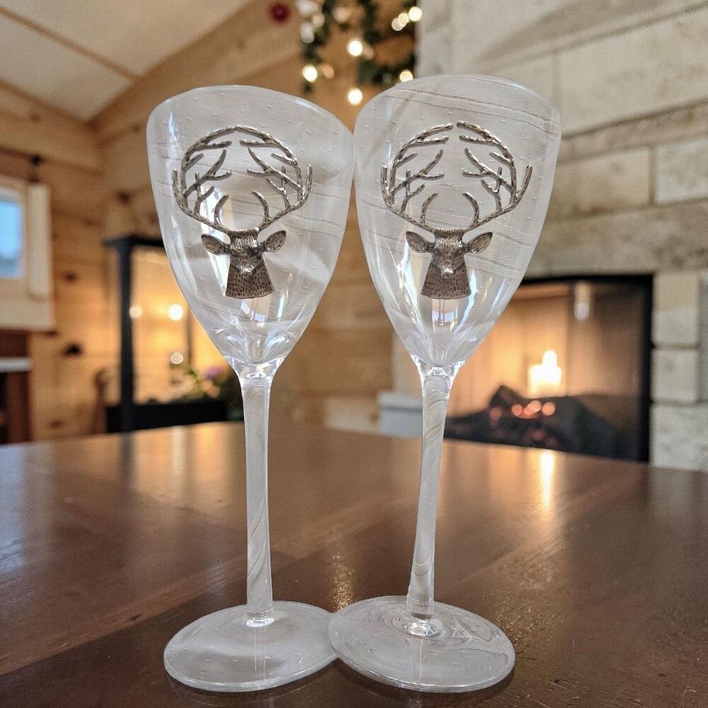 Set of 2 Stag Head Wine Glasses Pewter Deer Frosted Glass Goblets